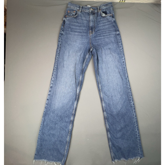 Zara High Rise Slim Straight Jeans Raw Hem Mid Blue Women’s 4 - Picture 1 of 6